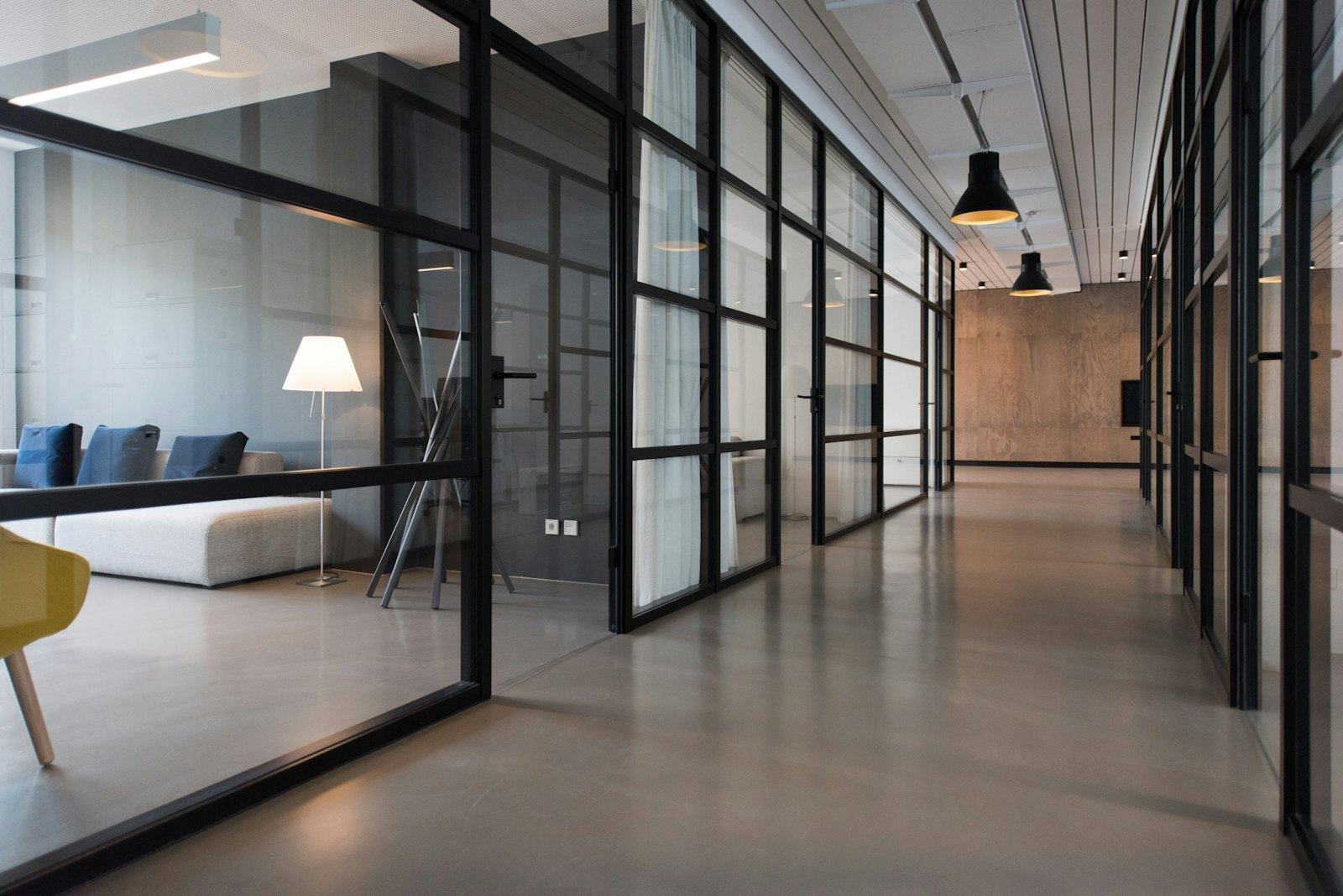An empty meeting room seen through glass