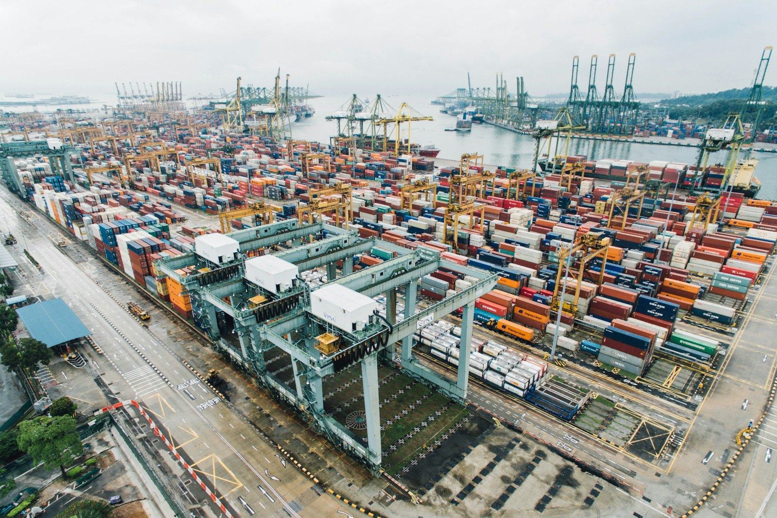 An aerial view of a container port handling export freight