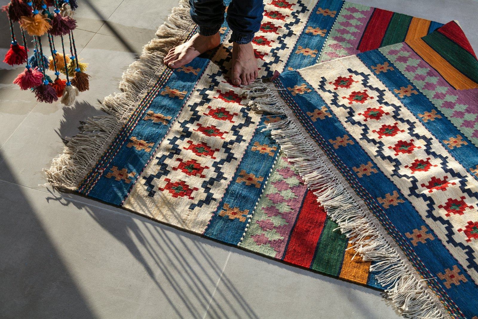 A woven textile laid out on a table
